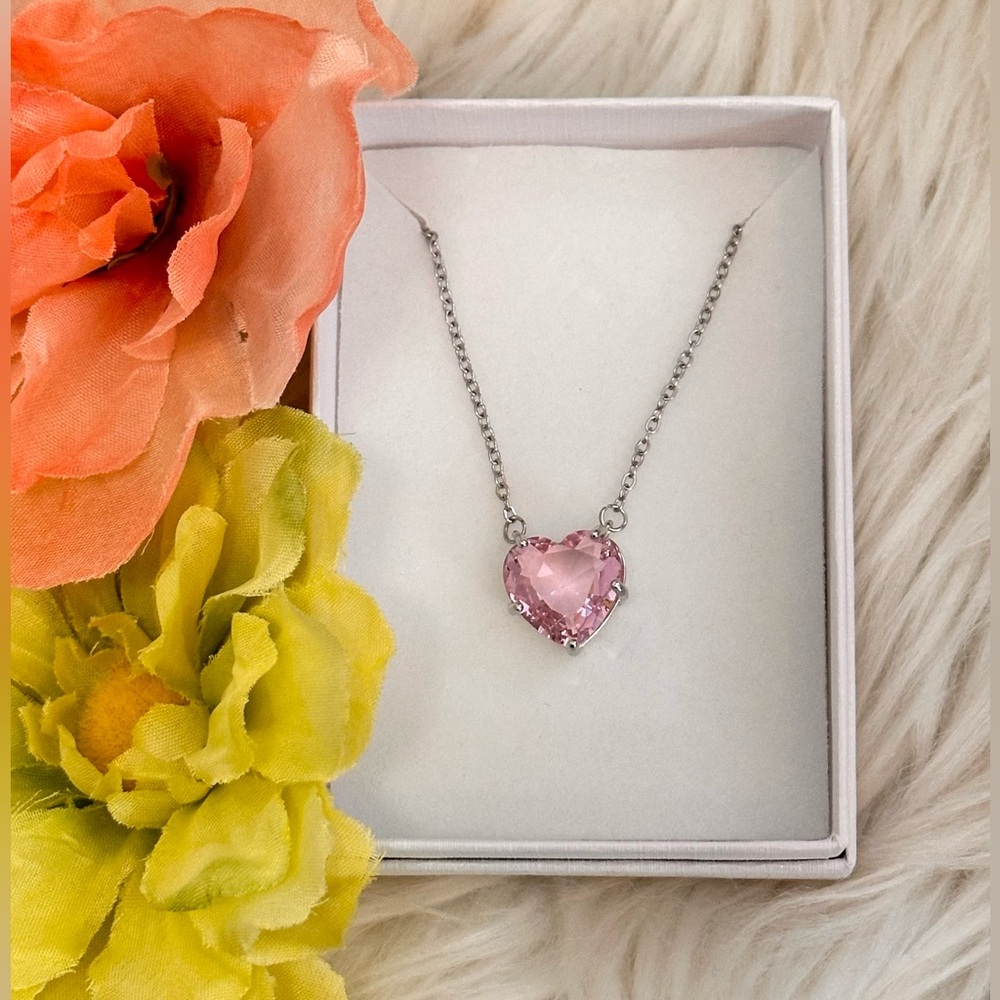 Pink Topaz Gemstone Heart Pendant Necklace NEW!